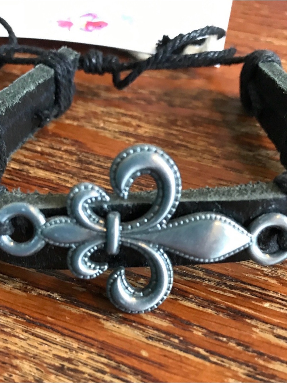 Black Leather Bracelet with Silver Fleur-de-Lis Accent - Women's Accessory